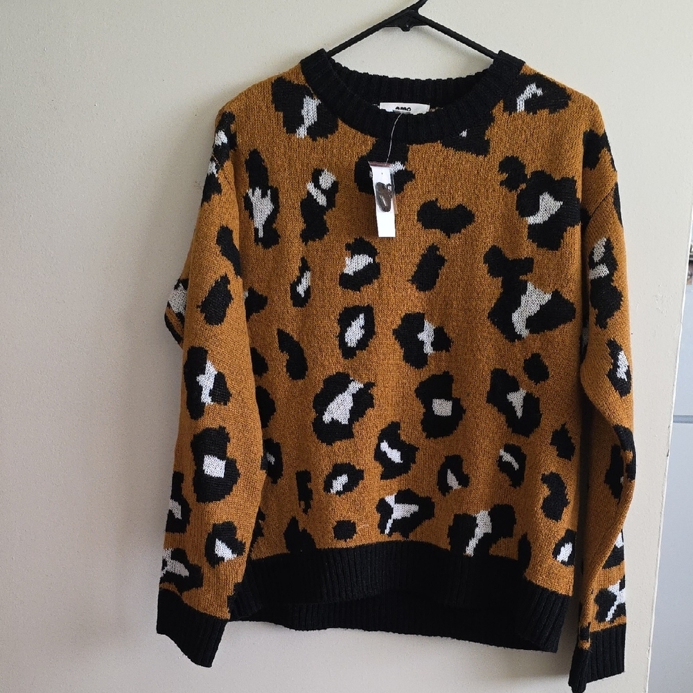 Brown and Black Crew Neck Sweater with Animal Print